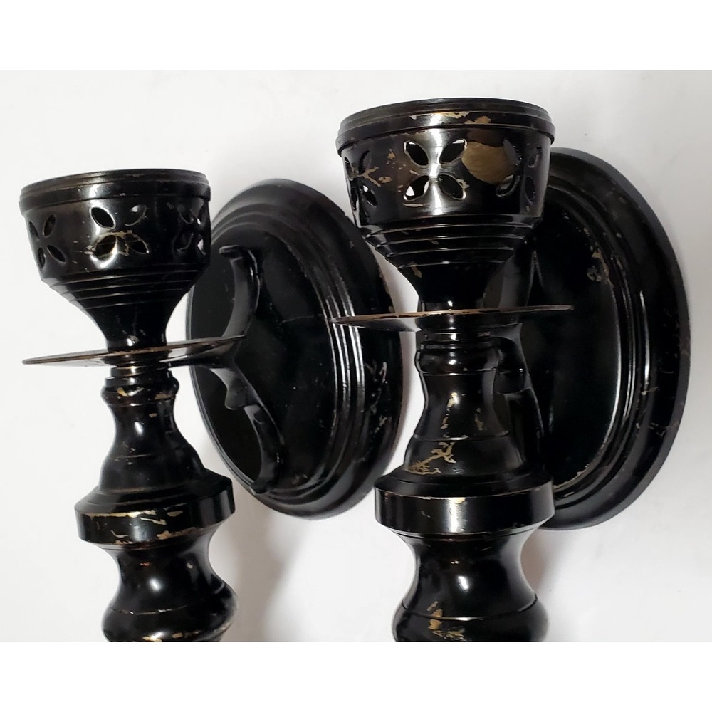 VTG Sconces Gothic Wall Pair Black & Gold India Pierced Votives Oval Back Plates - Picture 4 of 7